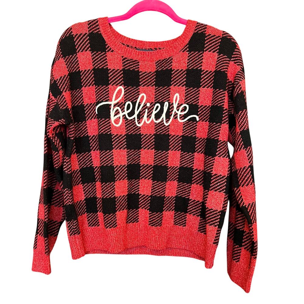 Adrienne Vittadini Red + Black Checkered Believe Christmas Sweater Medium